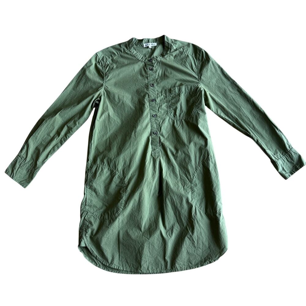 Alex Mill Olive Green 100% Cotton Band Collar Shirt Dress Tunic Pockets S